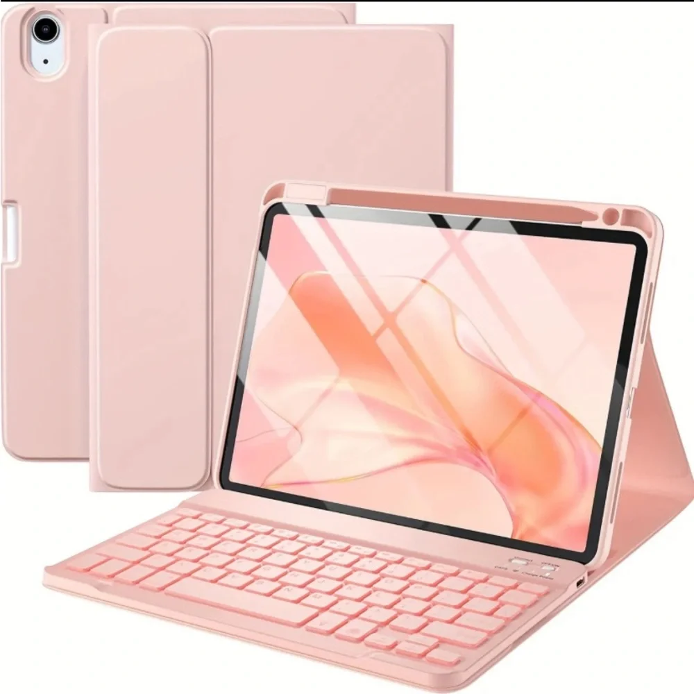 Pink IPad Air 5th/4th Generation Case W/ Keyboard Cover, Pencil Holder, Backlit